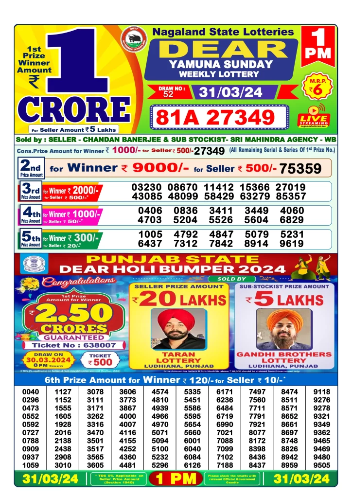 Lottery Sambad Result 31.3.2024 Today 1 PM, 6 PM & 8 PM