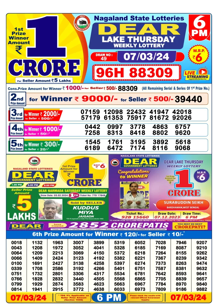 Lottery Sambad Result 7.3.2024 Today 1 PM, 6 PM & 8 PM