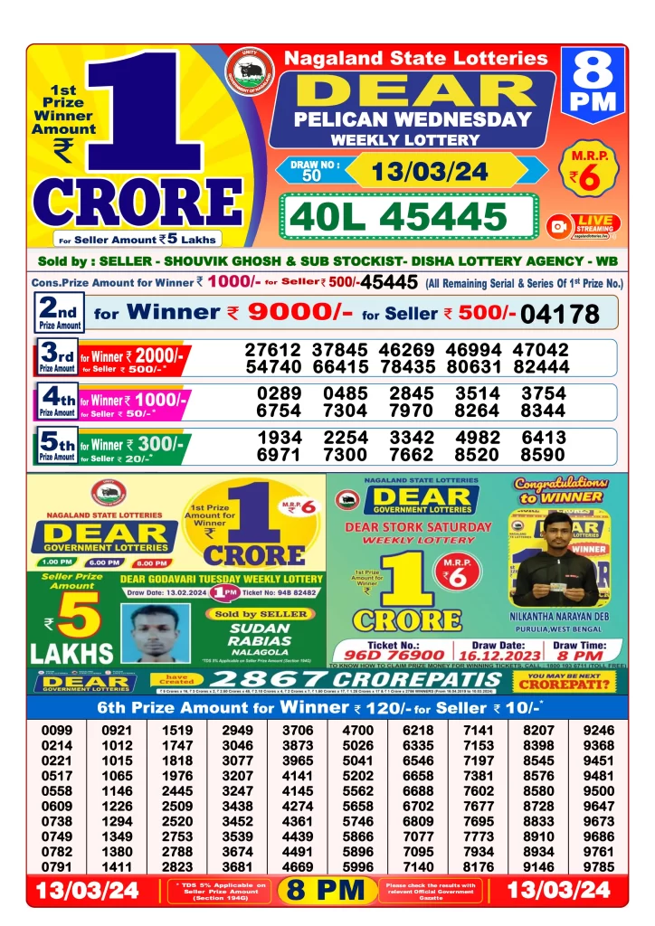 Lottery Sambad Result 13.3.2024 Today 1 PM, 6 PM & 8 PM