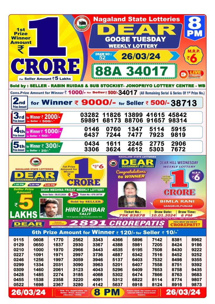 Lottery Sambad 8 PM Evening Result 26.3.2024