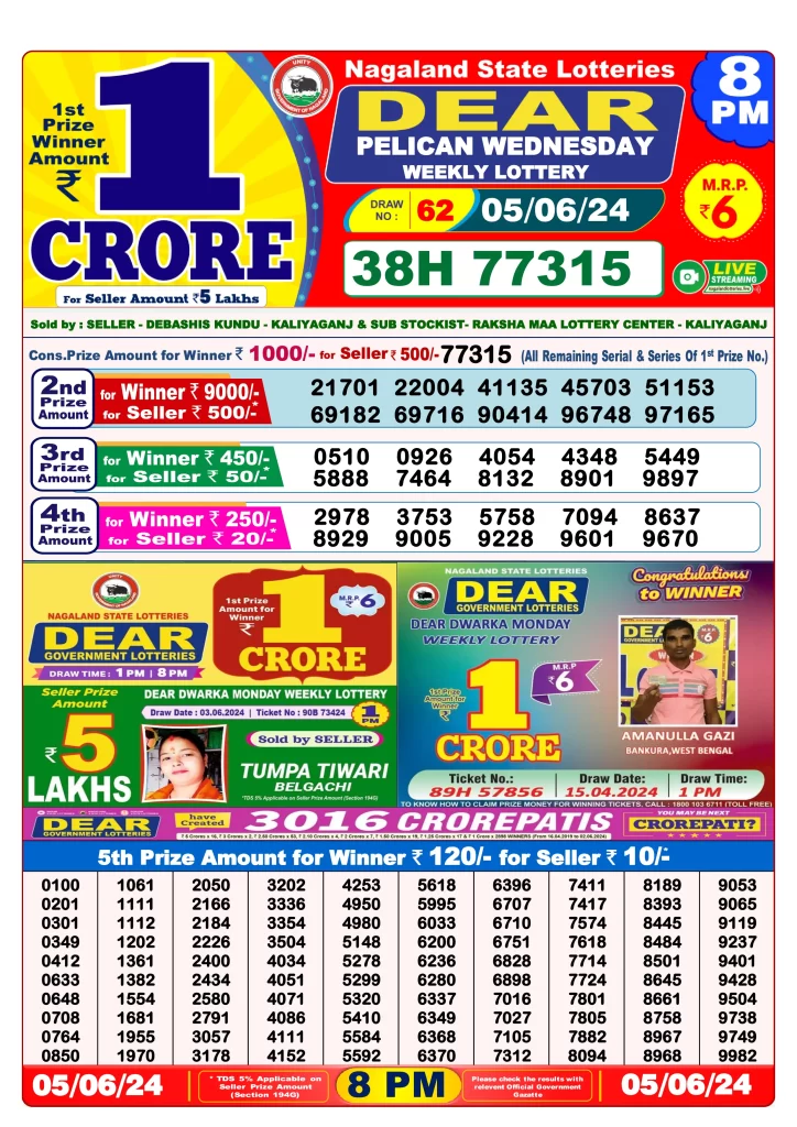 Lottery Sambad Result 5.6.2024 Today 1 PM, 6 PM & 8 PM.
